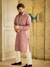 Men's Cotton Silk Neck Embroidered Lavender Kurta with White Pyjama