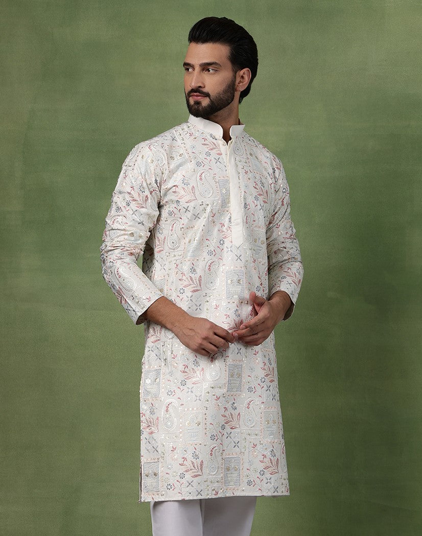 Men's Cotton Floral & Sequin Embroidered Off White Long Kurta