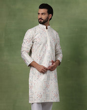 Men's Cotton Floral & Sequin Embroidered Off White Long Kurta