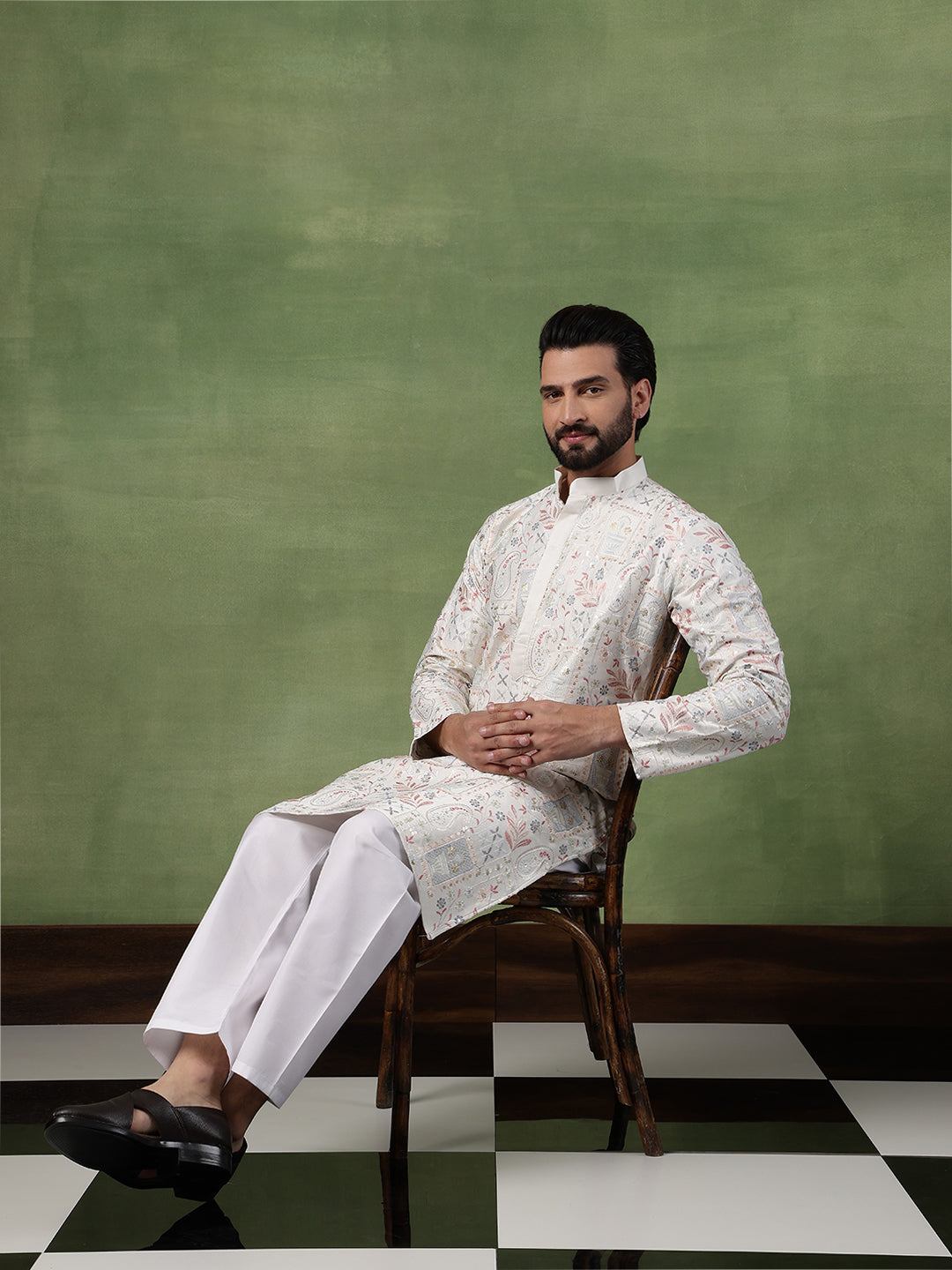Men's Cotton Floral & Sequin Embroidered Off White Kurta With Pyjama