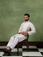 Men's Cotton Floral & Sequin Embroidered Off White Kurta With Pyjama