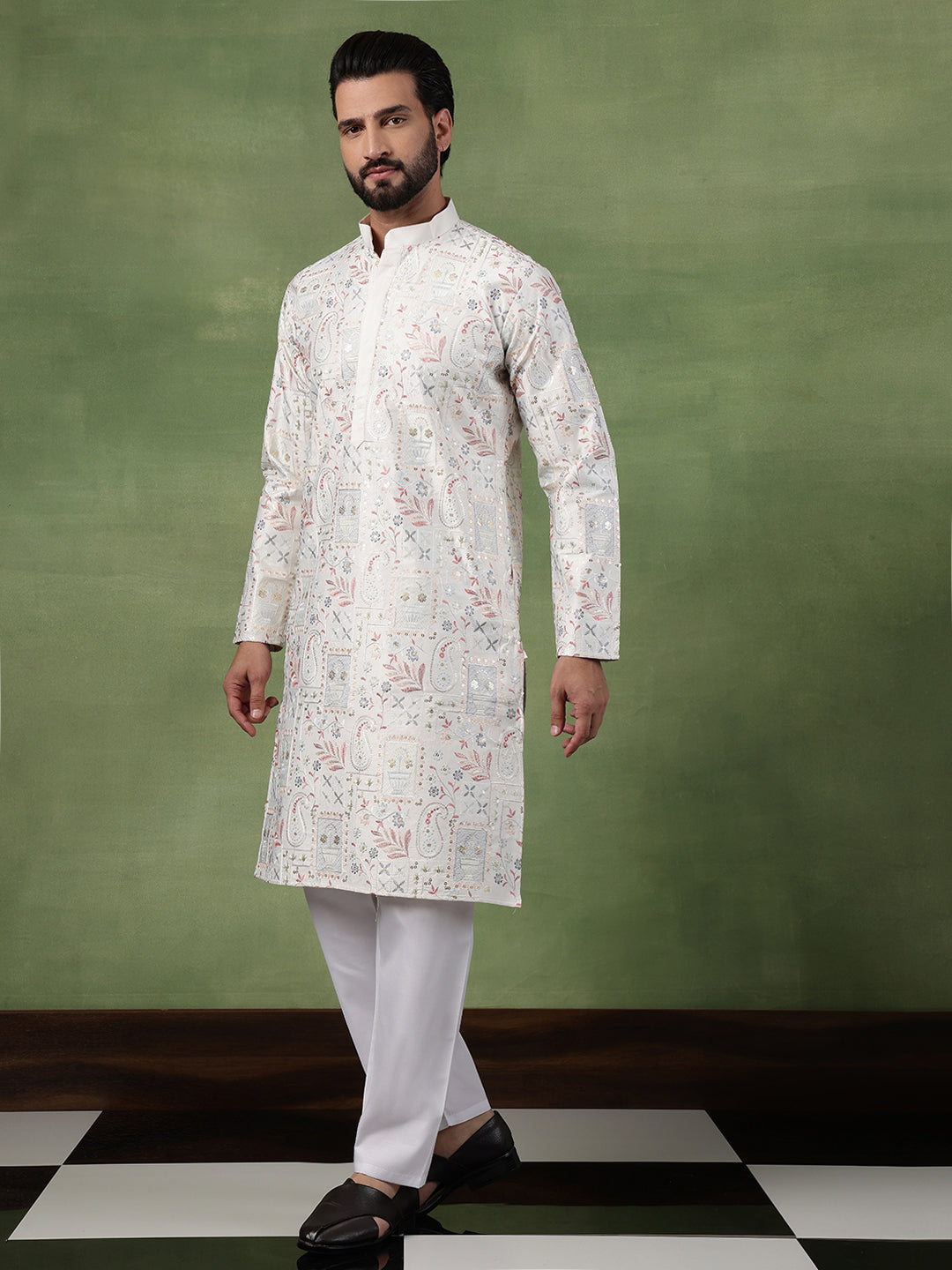 Men's Cotton Floral & Sequin Embroidered Off White Kurta With Pyjama