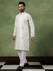 Men's Cotton Floral & Sequin Embroidered Off White Kurta With Pyjama