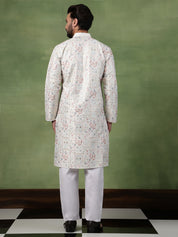 Men's Cotton Floral & Sequin Embroidered Off White Kurta With Pyjama