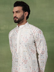 Men's Cotton Floral & Sequin Embroidered Off White Kurta With Pyjama