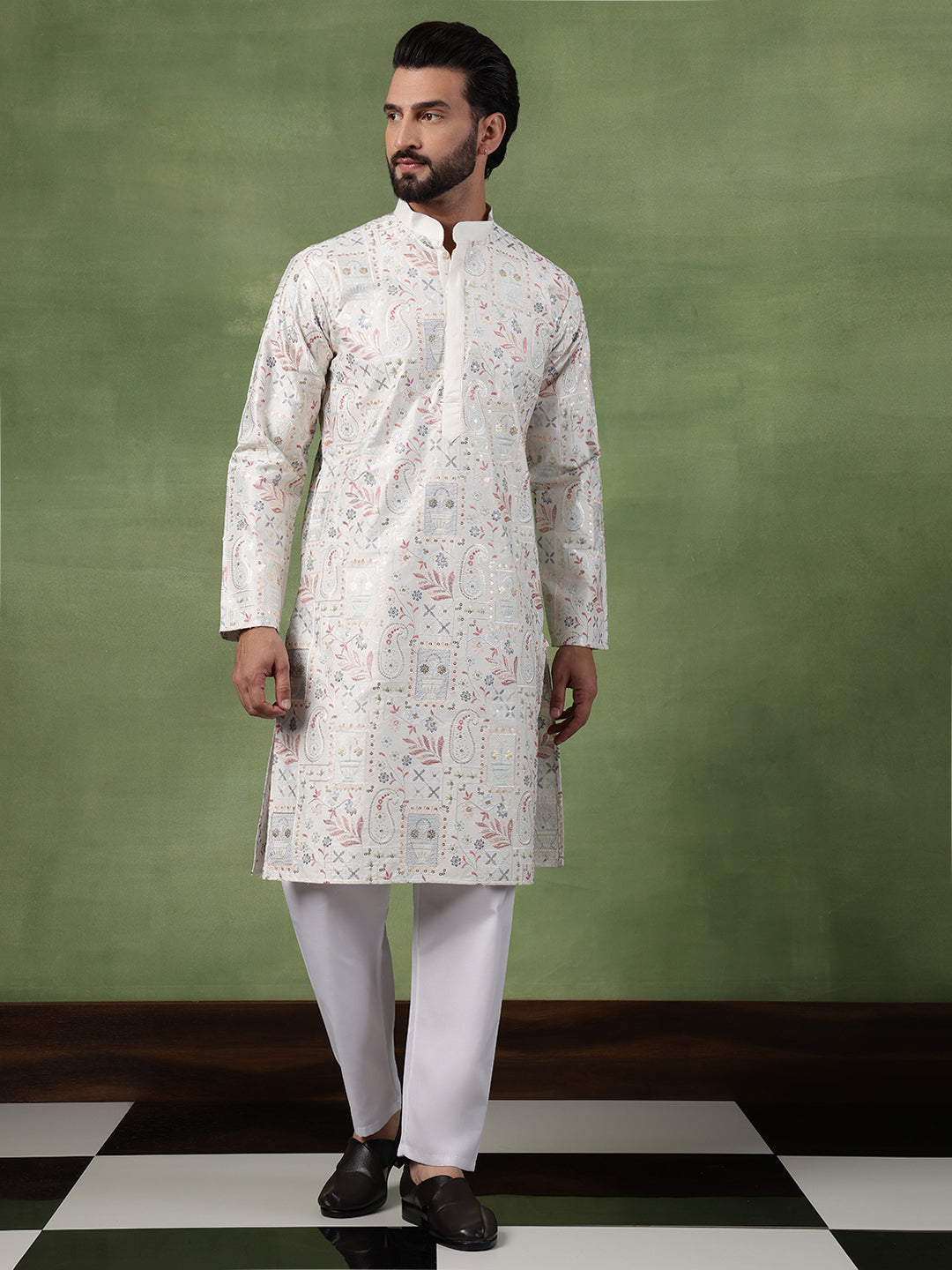 Men's Cotton Floral & Sequin Embroidered Off White Kurta With Pyjama