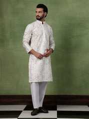 Men's Cotton Floral & Sequin Embroidered Off White Kurta With Pyjama