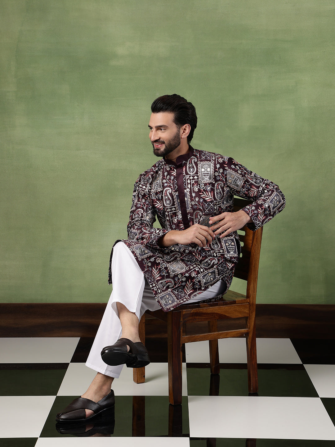 Men's Cotton Floral & Sequin Embroidered Wine Kurta With Pyjama