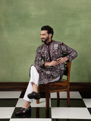 Men's Cotton Floral & Sequin Embroidered Wine Kurta With Pyjama
