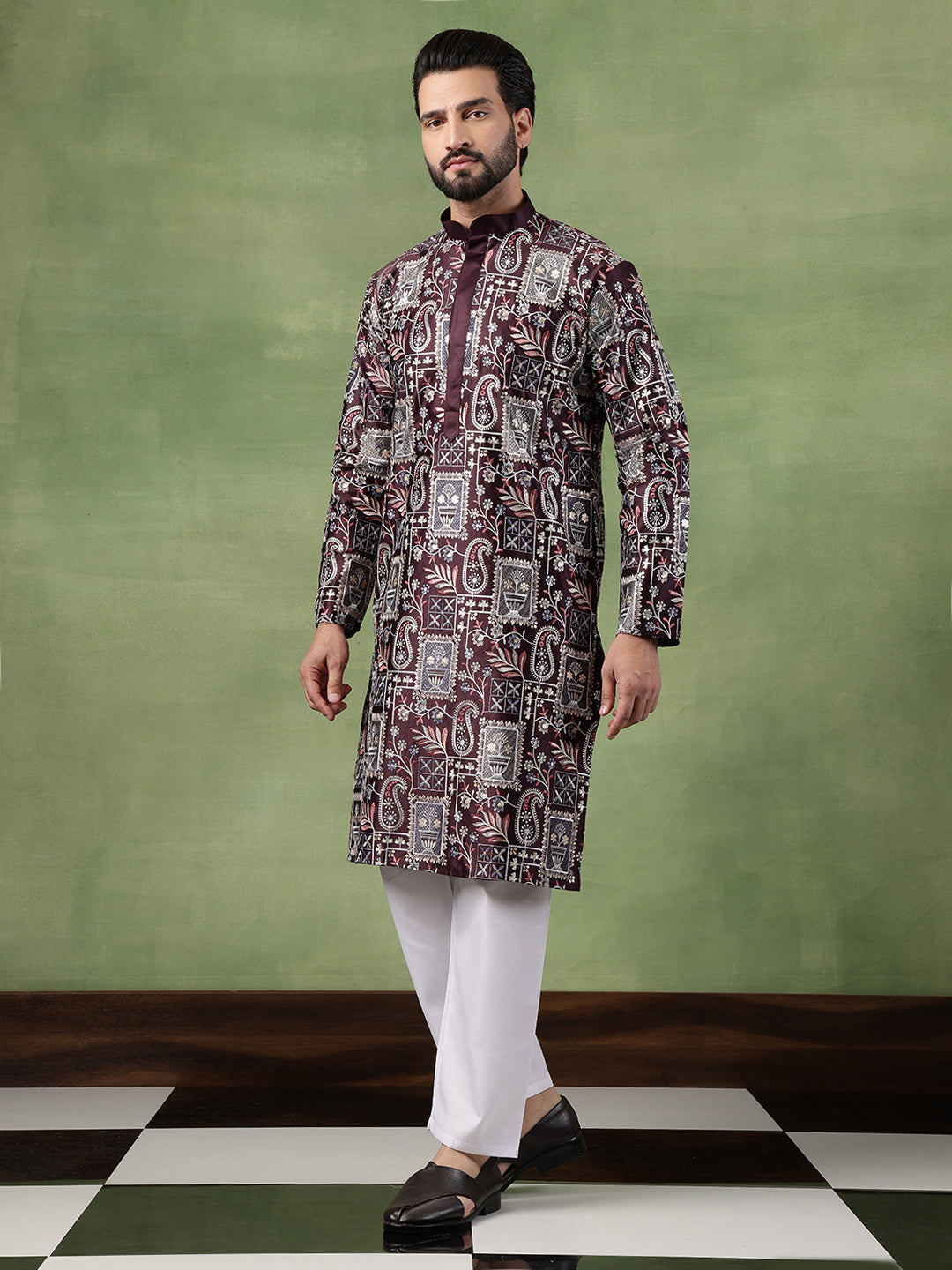 Men's Cotton Floral & Sequin Embroidered Wine Kurta With Pyjama