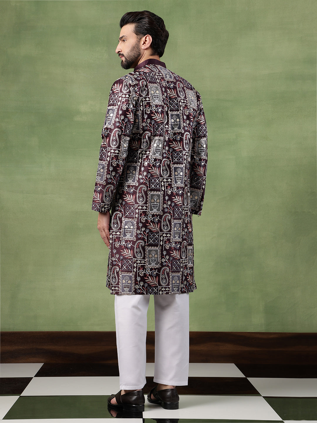 Men's Cotton Floral & Sequin Embroidered Wine Kurta With Pyjama