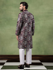 Men's Cotton Floral & Sequin Embroidered Wine Kurta With Pyjama