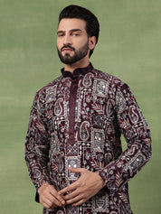 Men's Cotton Floral & Sequin Embroidered Wine Kurta With Pyjama