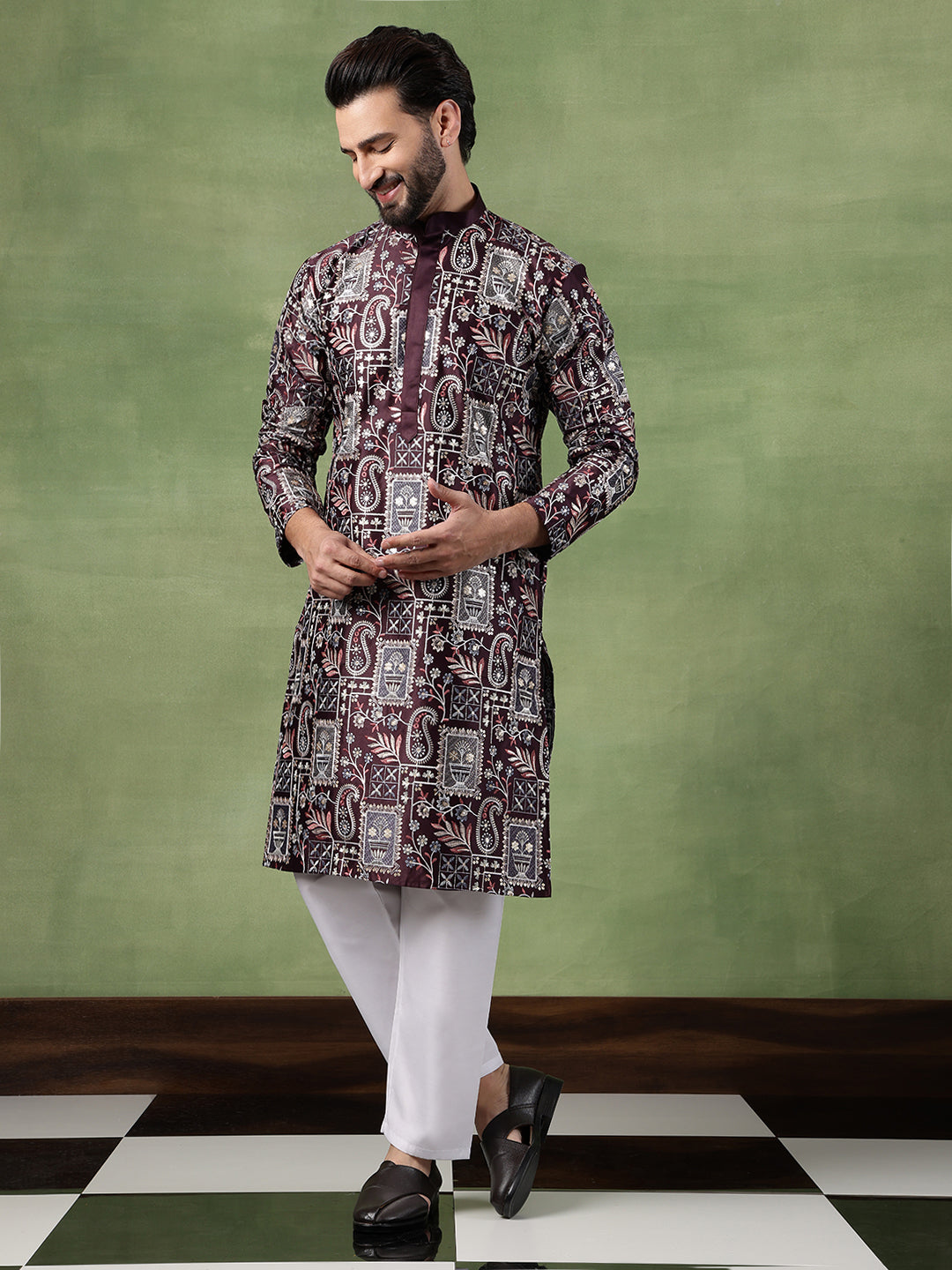 Men's Cotton Floral & Sequin Embroidered Wine Kurta With Pyjama