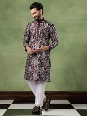 Men's Cotton Floral & Sequin Embroidered Wine Kurta With Pyjama