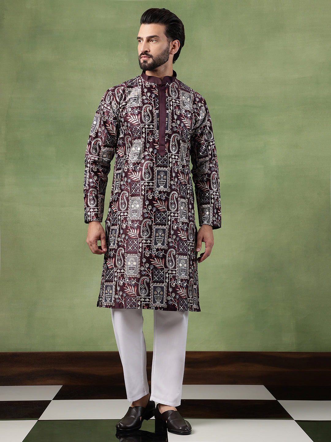 Men's Cotton Floral & Sequin Embroidered Wine Kurta With Pyjama