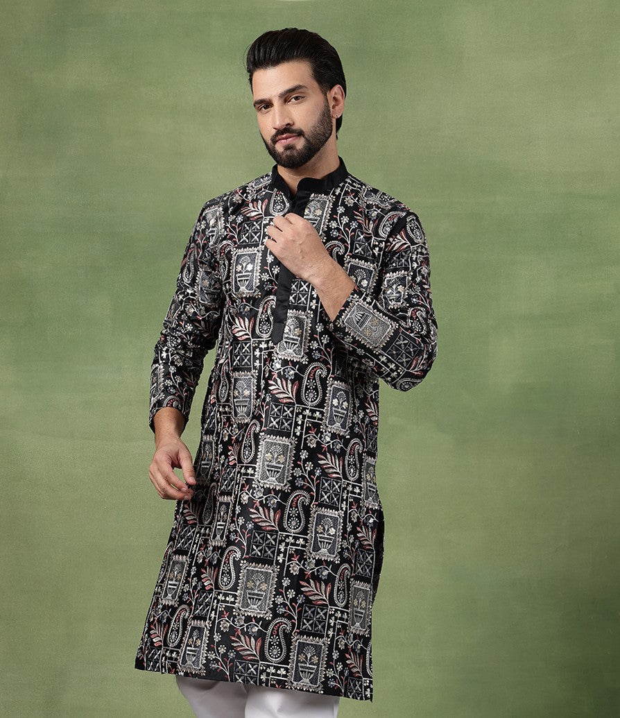 Men's Cotton Floral & Sequin Embroidered Black Long Kurta