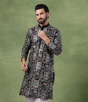 Men's Cotton Floral & Sequin Embroidered Black Long Kurta