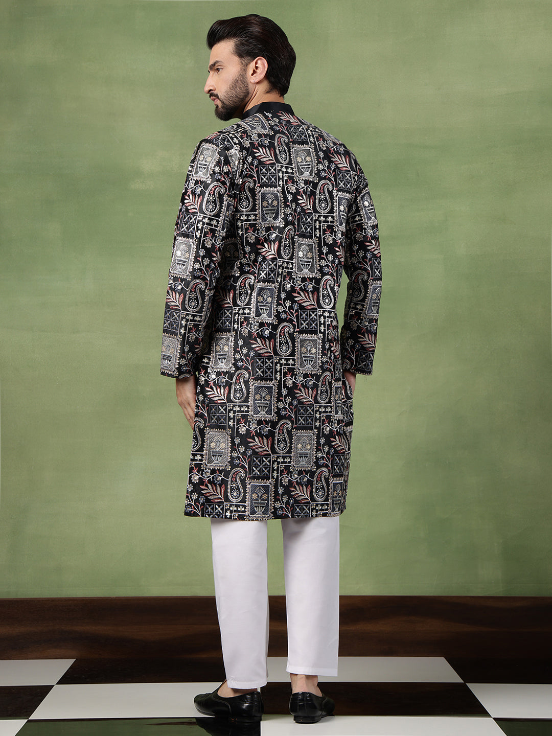 Men's Cotton Floral & Sequin Embroidered Black Long Kurta