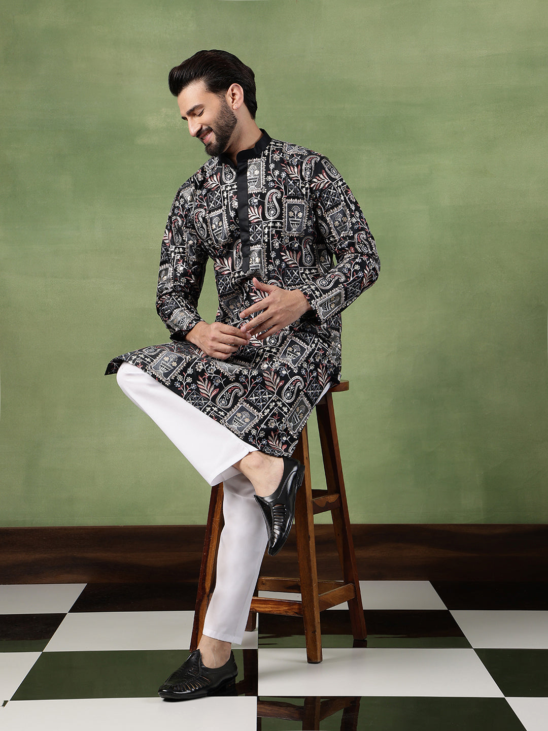 Men's Cotton Floral & Sequin Embroidered Black Kurta With Pyjama