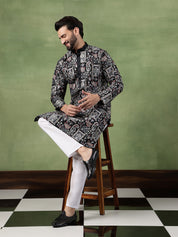 Men's Cotton Floral & Sequin Embroidered Black Kurta With Pyjama