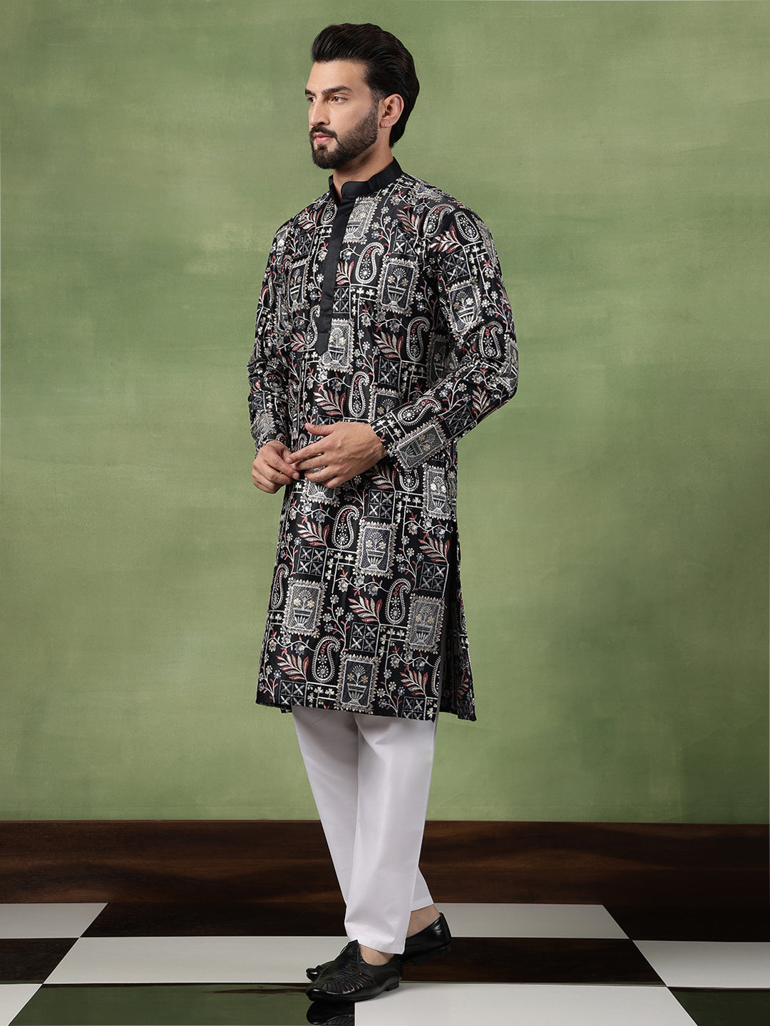 Men's Cotton Floral & Sequin Embroidered Black Kurta With Pyjama
