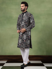 Men's Cotton Floral & Sequin Embroidered Black Kurta With Pyjama