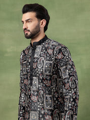 Men's Cotton Floral & Sequin Embroidered Black Kurta With Pyjama