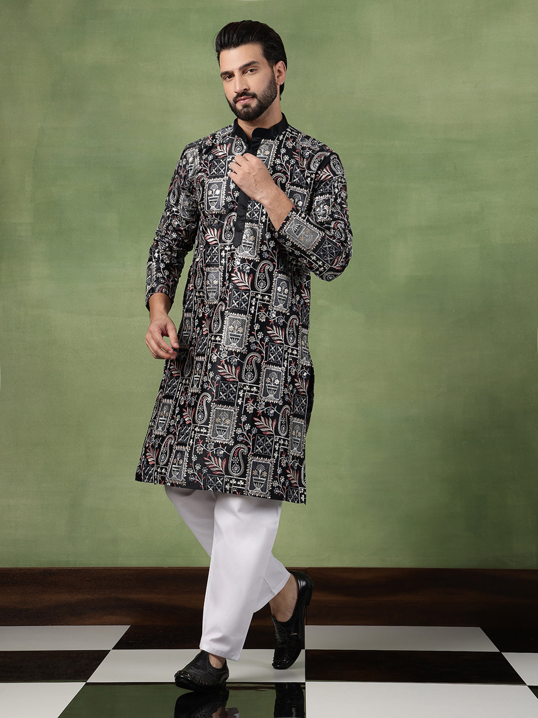Men's Cotton Floral & Sequin Embroidered Black Kurta With Pyjama