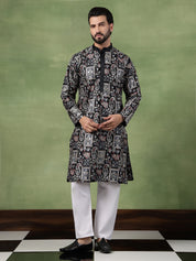 Men's Cotton Floral & Sequin Embroidered Black Kurta With Pyjama