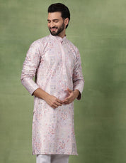 Men's Cotton Floral & Sequin Embroidered Pink Long Kurta