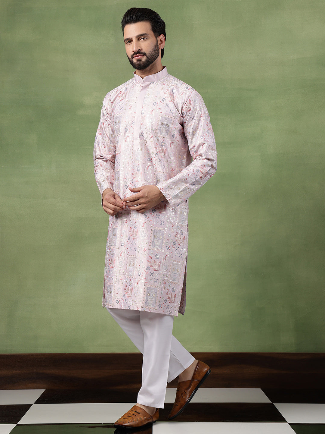 Men's Cotton Floral & Sequin Embroidered Pink Long Kurta