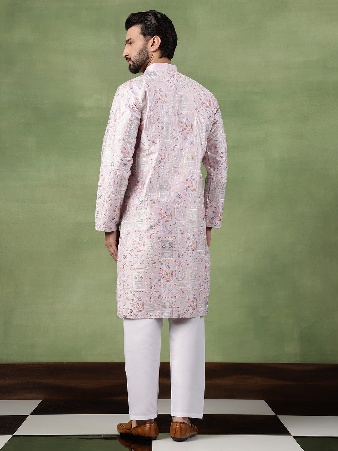 Men's Cotton Floral & Sequin Embroidered Pink Long Kurta