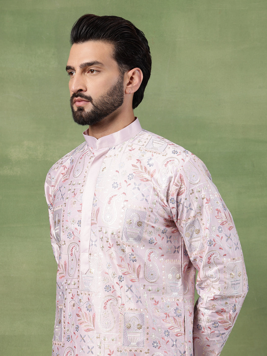 Men's Cotton Floral & Sequin Embroidered Pink Long Kurta