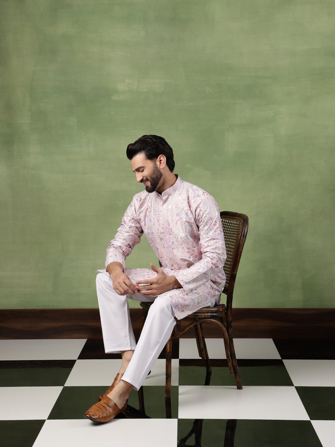 Men's Cotton Floral & Sequin Embroidered Pink Long Kurta