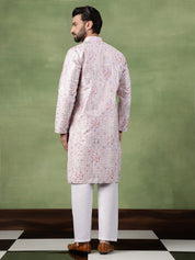 Men's Cotton Floral & Sequin Embroidered Pink Kurta With Pyjama