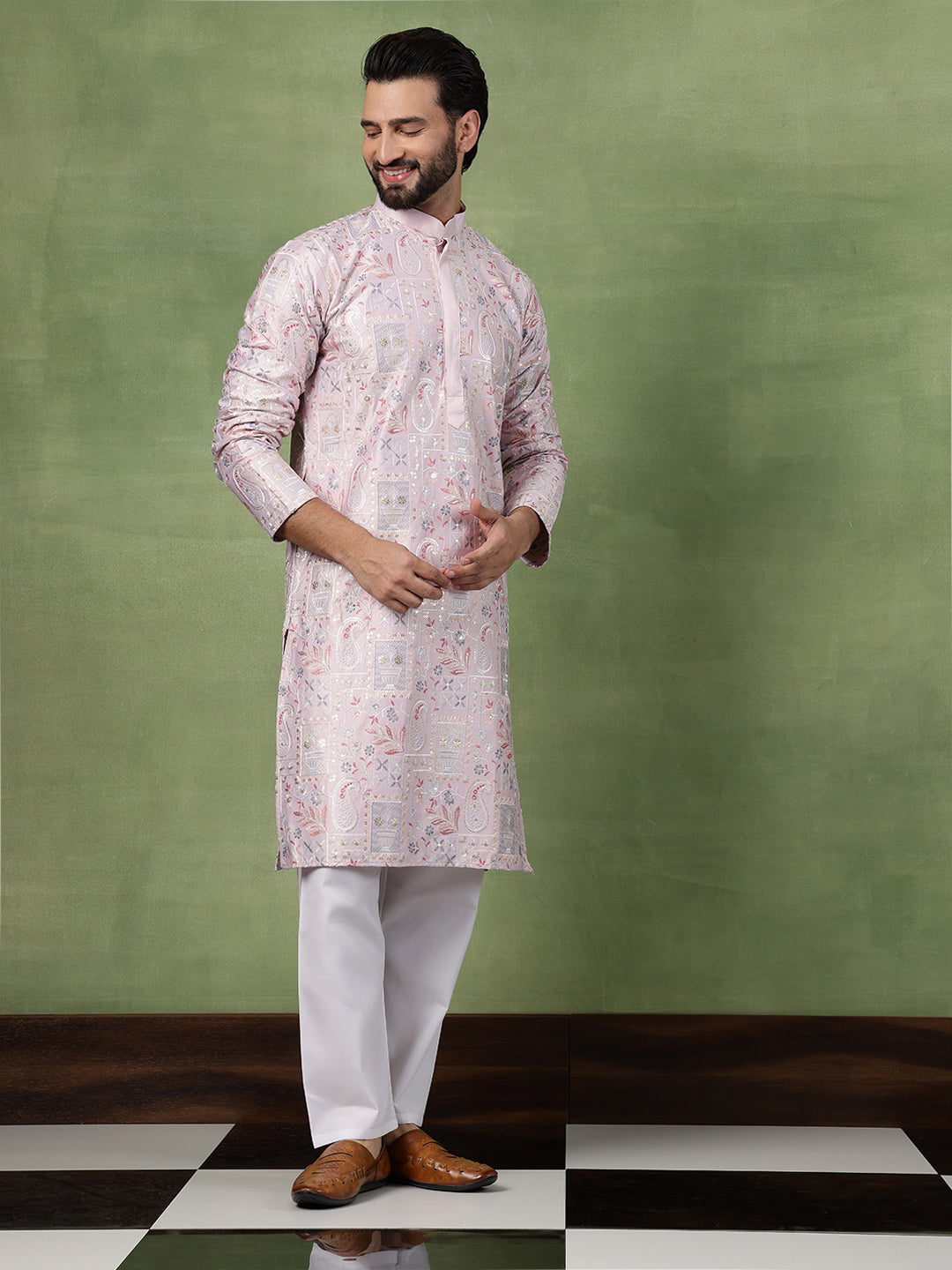 Men's Cotton Floral & Sequin Embroidered Pink Kurta With Pyjama