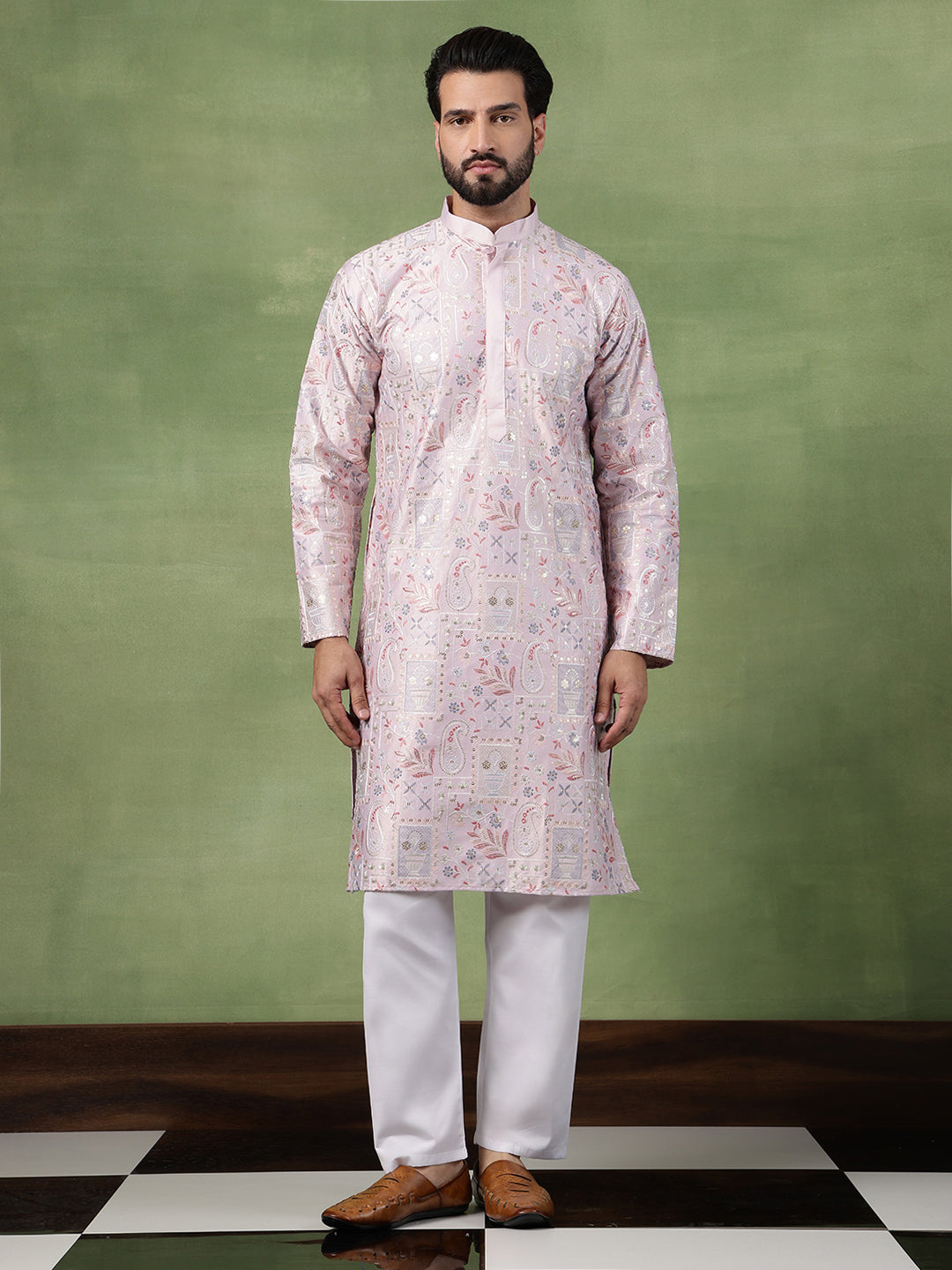Men's Cotton Floral & Sequin Embroidered Pink Kurta With Pyjama
