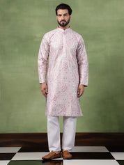 Men's Cotton Floral & Sequin Embroidered Pink Kurta With Pyjama