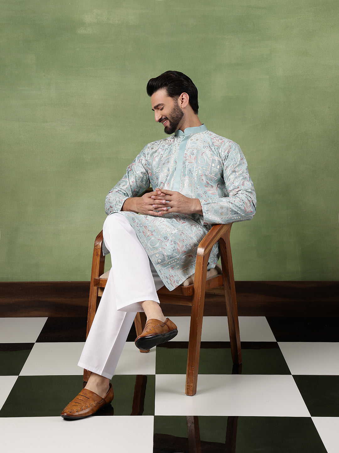 Men's Cotton Floral & Sequin Embroidered Sky Blue Kurta With Pyjama