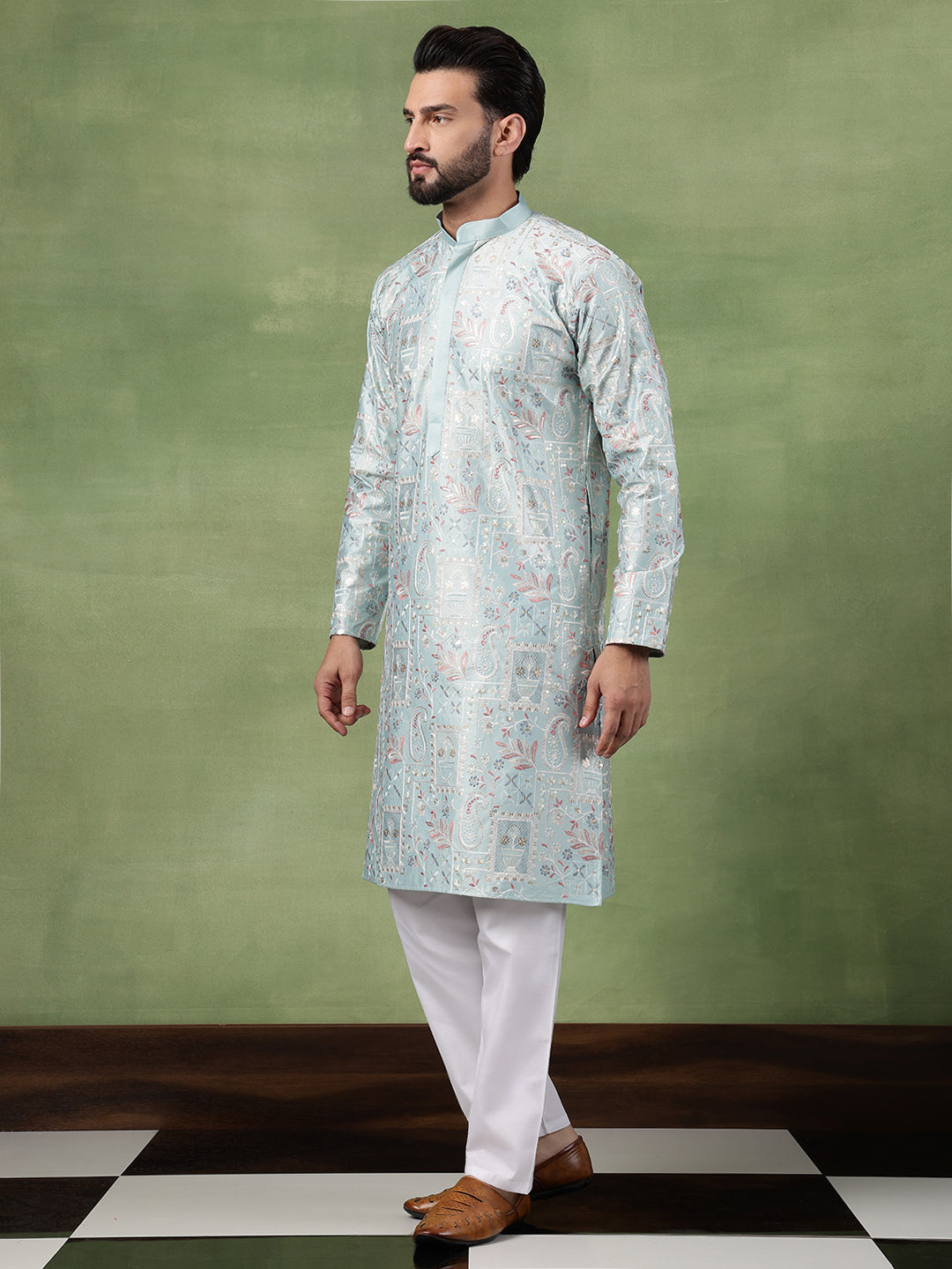 Men's Cotton Floral & Sequin Embroidered Sky Blue Kurta With Pyjama
