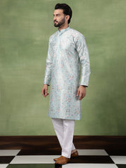 Men's Cotton Floral & Sequin Embroidered Sky Blue Kurta With Pyjama