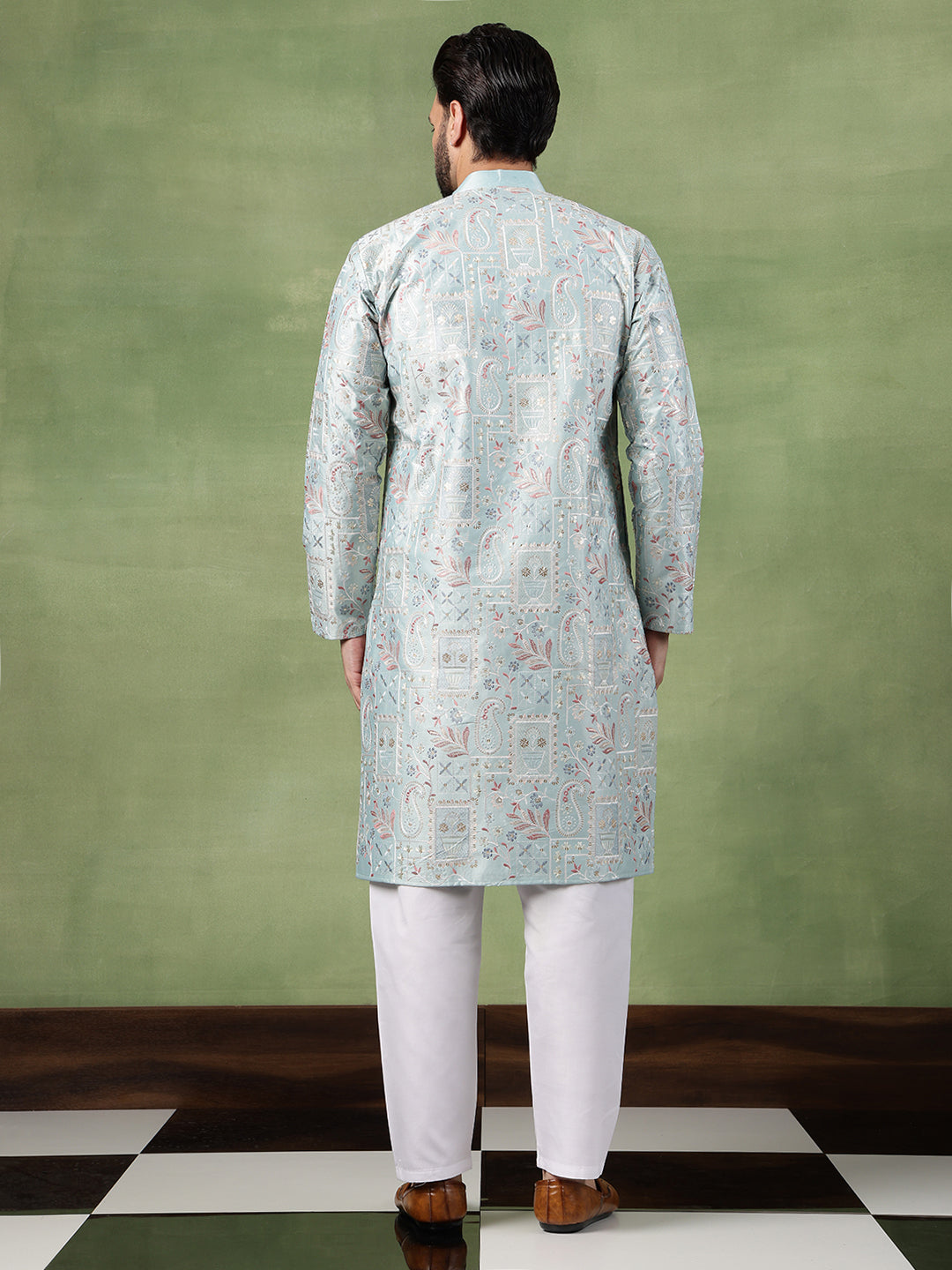 Men's Cotton Floral & Sequin Embroidered Sky Blue Kurta With Pyjama