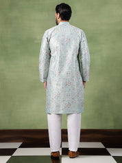Men's Cotton Floral & Sequin Embroidered Sky Blue Kurta With Pyjama