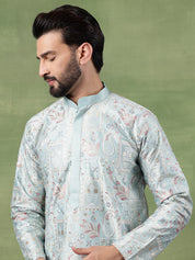 Men's Cotton Floral & Sequin Embroidered Sky Blue Kurta With Pyjama