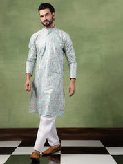 Men's Cotton Floral & Sequin Embroidered Sky Blue Kurta With Pyjama