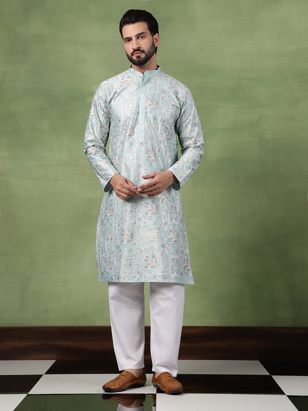 Men's Cotton Floral & Sequin Embroidered Sky Blue Kurta With Pyjama