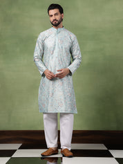 Men's Cotton Floral & Sequin Embroidered Sky Blue Kurta With Pyjama