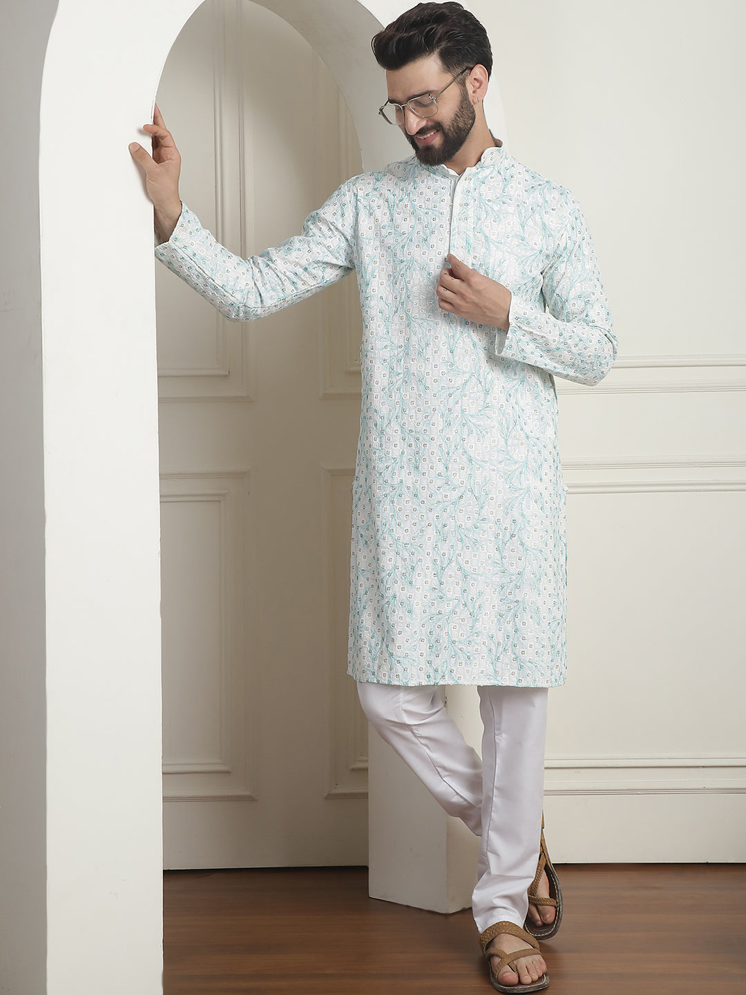 Men's Cotton Gold Sequinned White & Green Kurta with White churidaar Pyjama