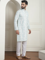 Men's Cotton Gold Sequinned White & Green Kurta with White churidaar Pyjama